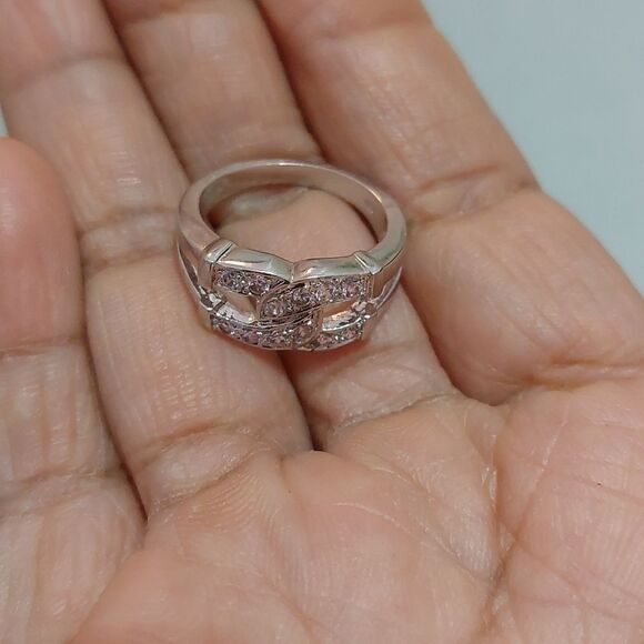 Interlocking C Paved with Pink Rhinestone Crystal Silver Tone Ring Size 6 - Picture 4 of 6